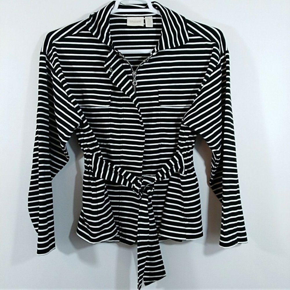 Chico's Size 1 Stripe Black White Knit Zip Front
